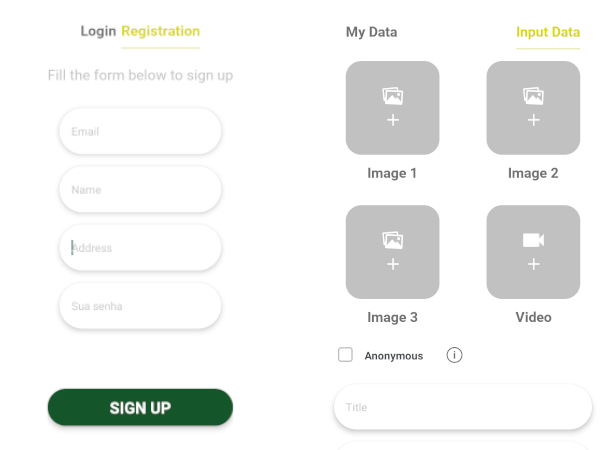 Two screenshots of the app. The first is the Sign up screen, with several inputs. The second is the Input Data screen, where the user can add images and videos.